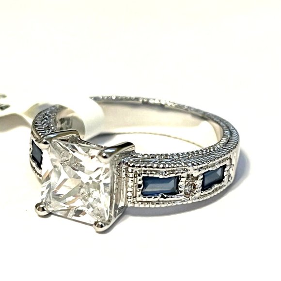 Sapphire Engagement Ring Size 8 9 10 Blue Cubic Zirconia Simulated RhodiumPlated - Picture 5 of 9